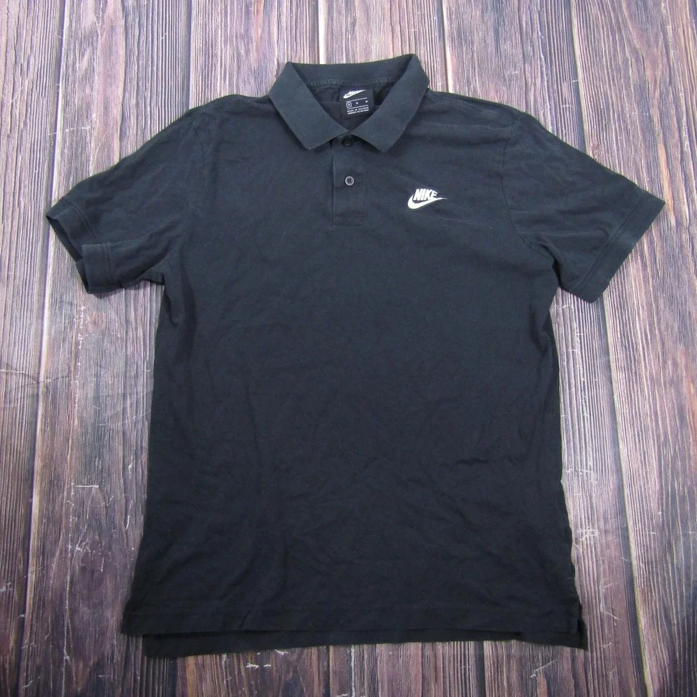 Nike Polo Shirt Mens M Black Solid 100% Cotton Collared Casual Knit Top Logo